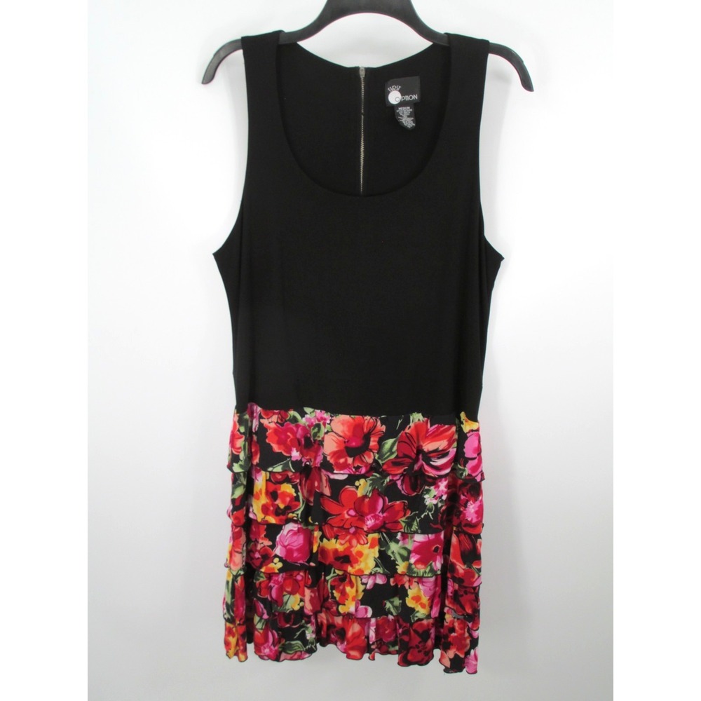 FIRST OPTION Midi Shift Dress Women Med Black Floral Tiered Stretch Top Tropical